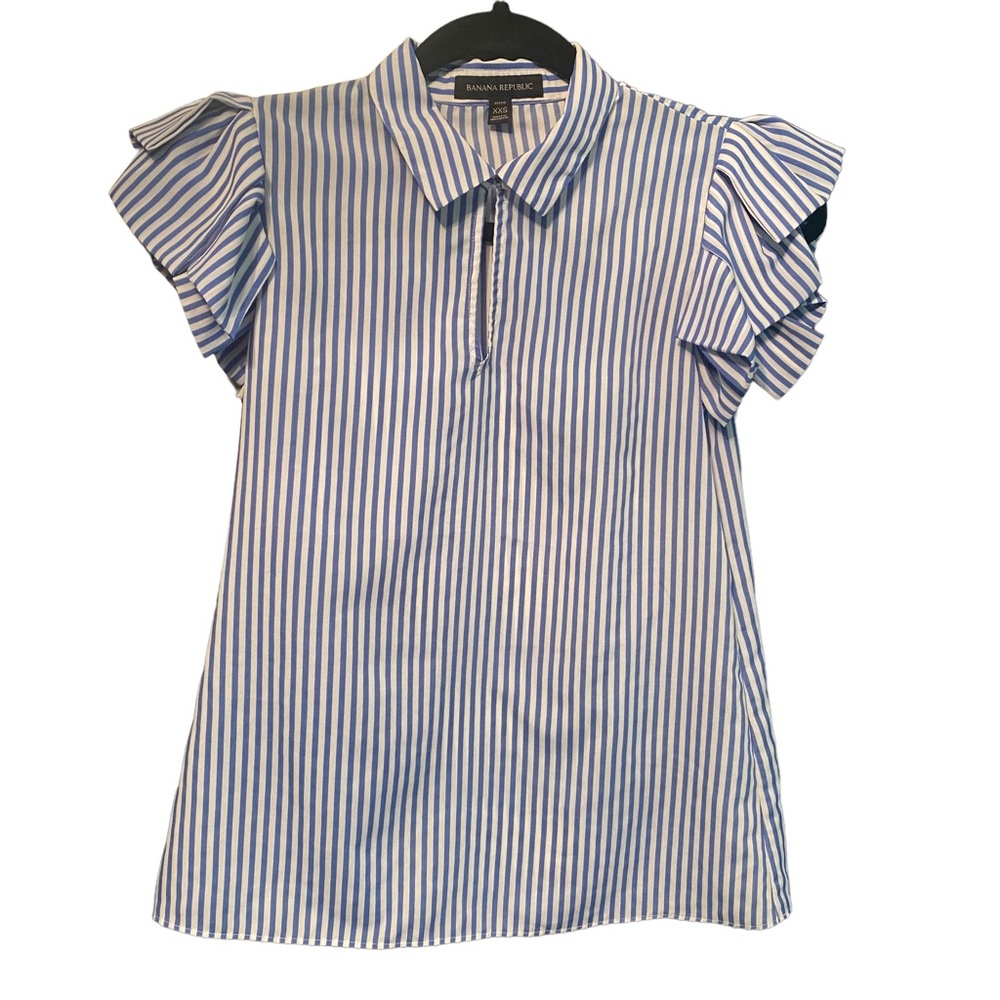 Banana Republic Blue and White Striped Ruffle Sleeve Blouse